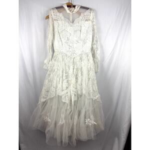 Vintage 1950s White Lace Tulle Wedding Dress Illusion‎ Neckline Long Sleeve Gown